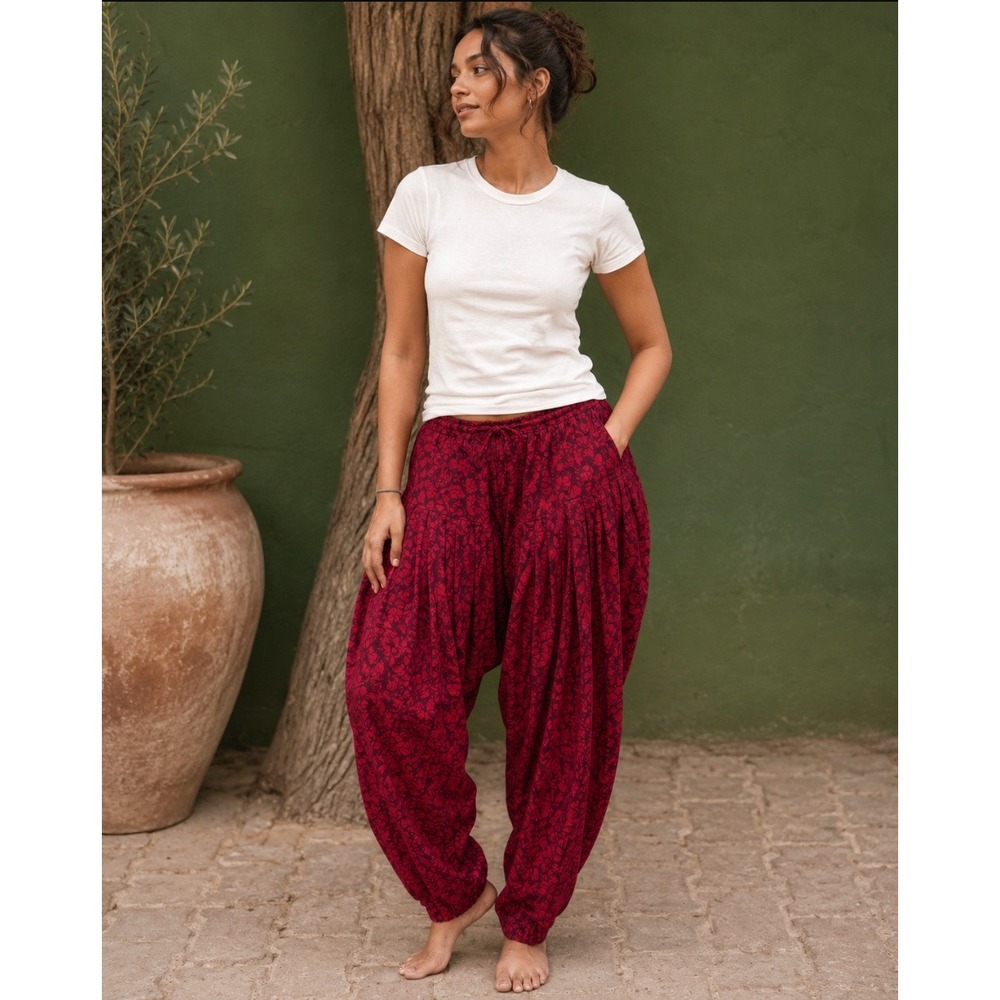Floral Block Print Patiala Salwa Pleated Tapered Harem Pants Med Red Boho Summer